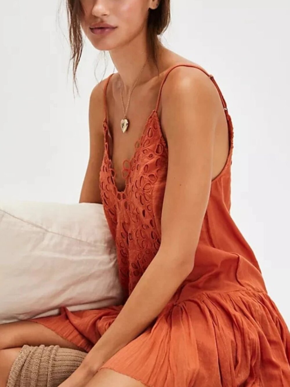 Free People FP One Casella Drop-Waist Slip Dress Eyelet Embroidered L